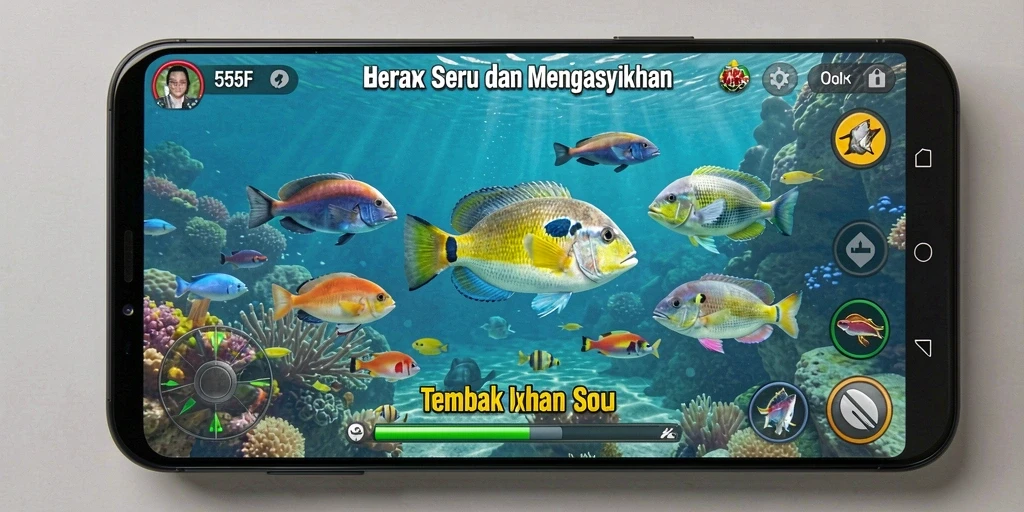 Screenshot gameplay 555F menunjukkan aksi menembak ikan yang mendebarkan.