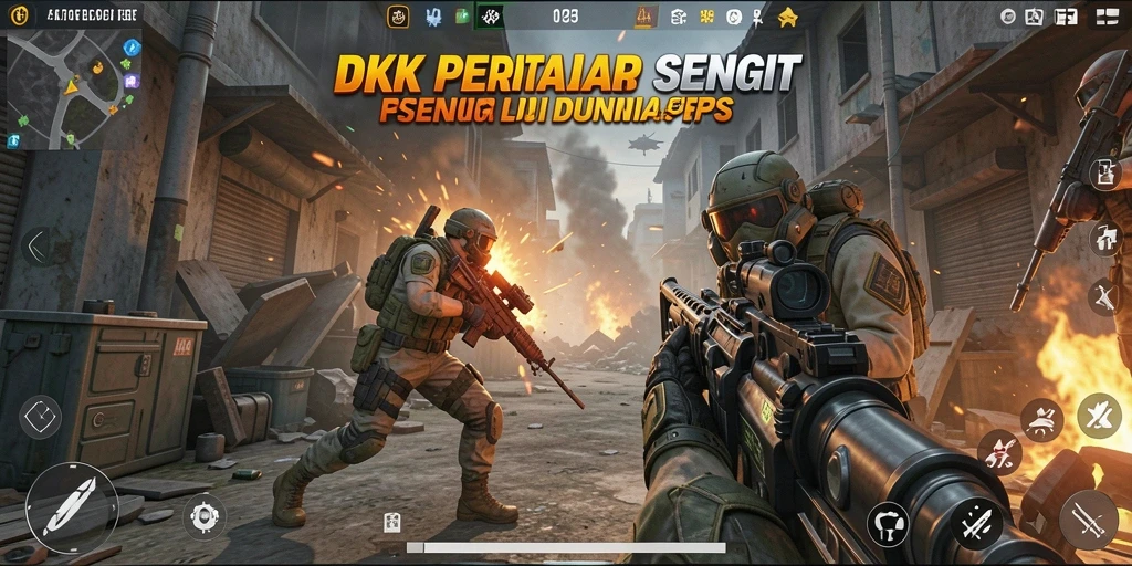 Screenshot gameplay DKK yang menampilkan aksi tembak-menembak di medan perang.
