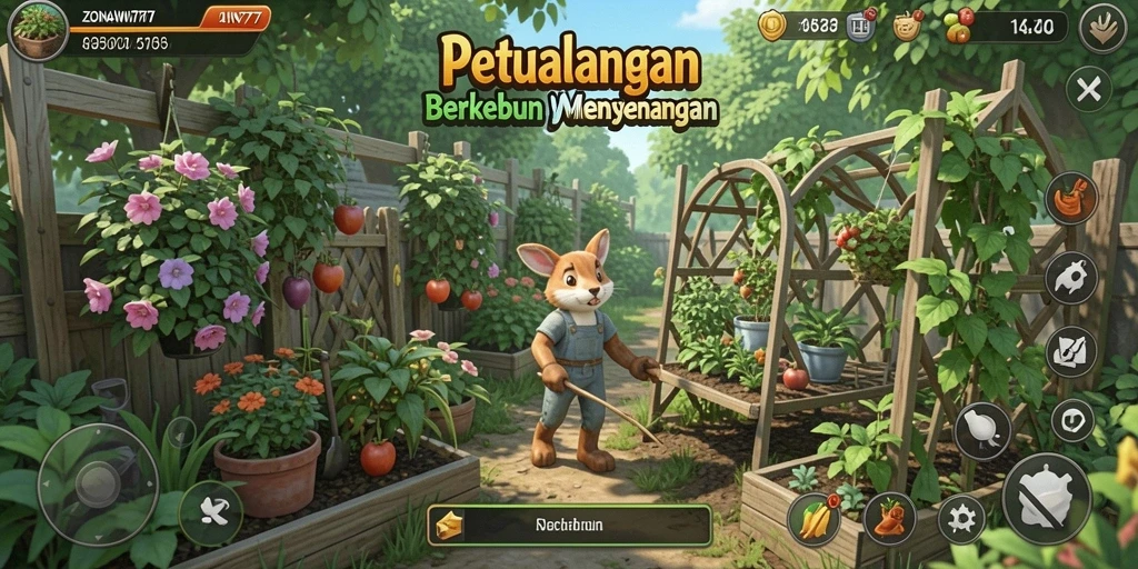 Screenshot gameplay ZONAWIN777 yang menampilkan suasana berkebun yang ceria.
